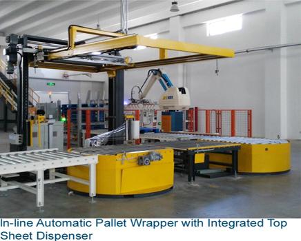 EAT200SPS-TSD-RCT  Automatic Pallet Wrapper with Top Sheet Dispenser and Roller Conveyor Turntable